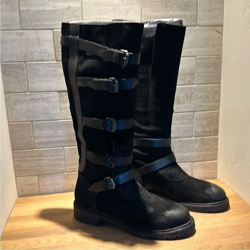 New Free People Tristie Buckle Strap Knee-High Biker Boots Black Leather US 9